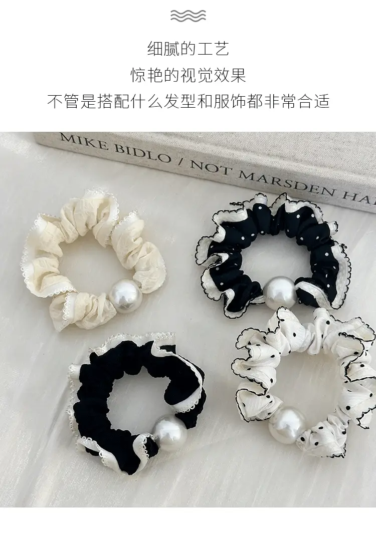 Pearl Hair Ring French Style Black White — feature 3