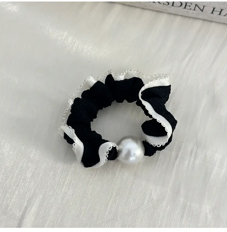 Pearl Hair Ring French Style Black White — feature 6