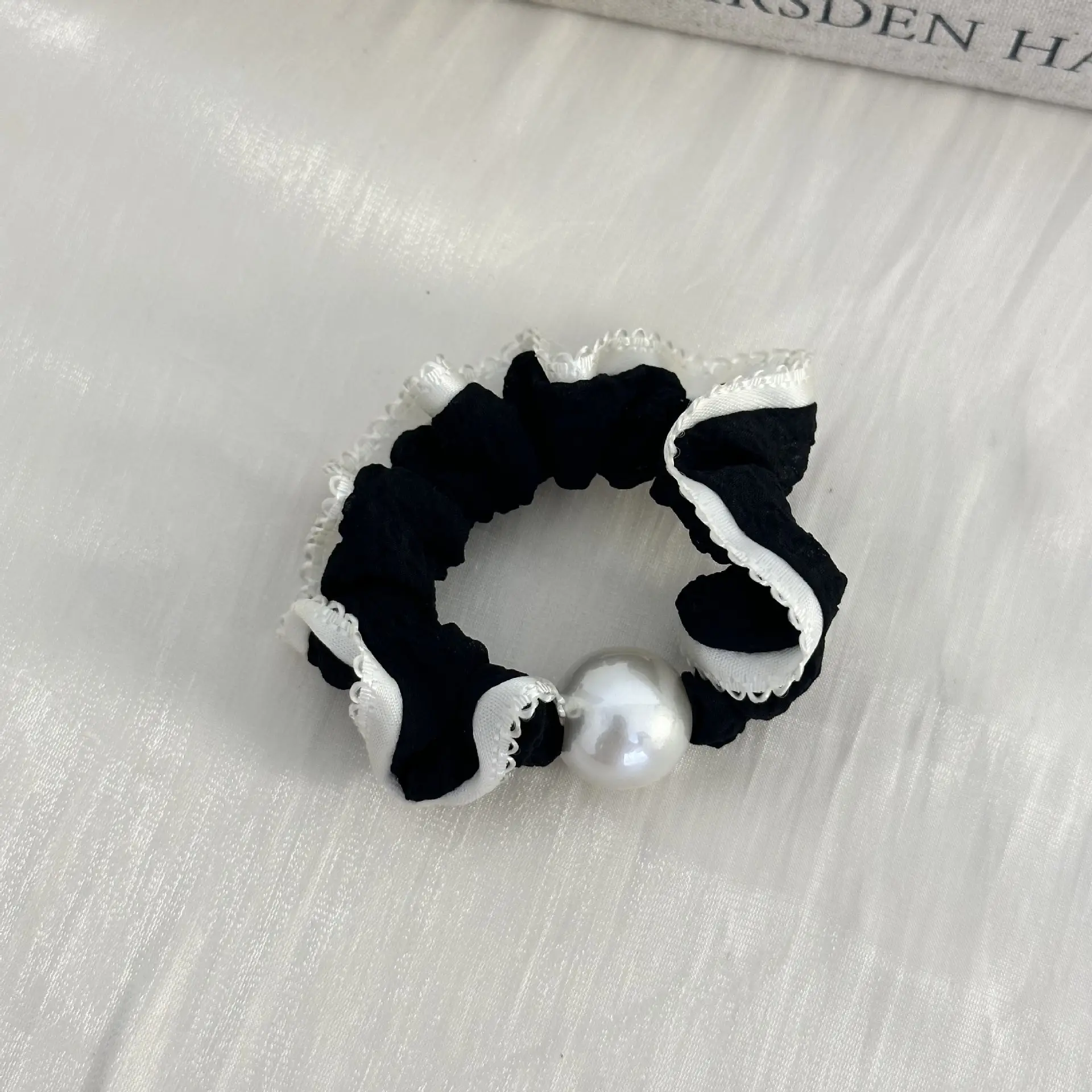 Pearl Hair Ring French Style Black White - Image 2