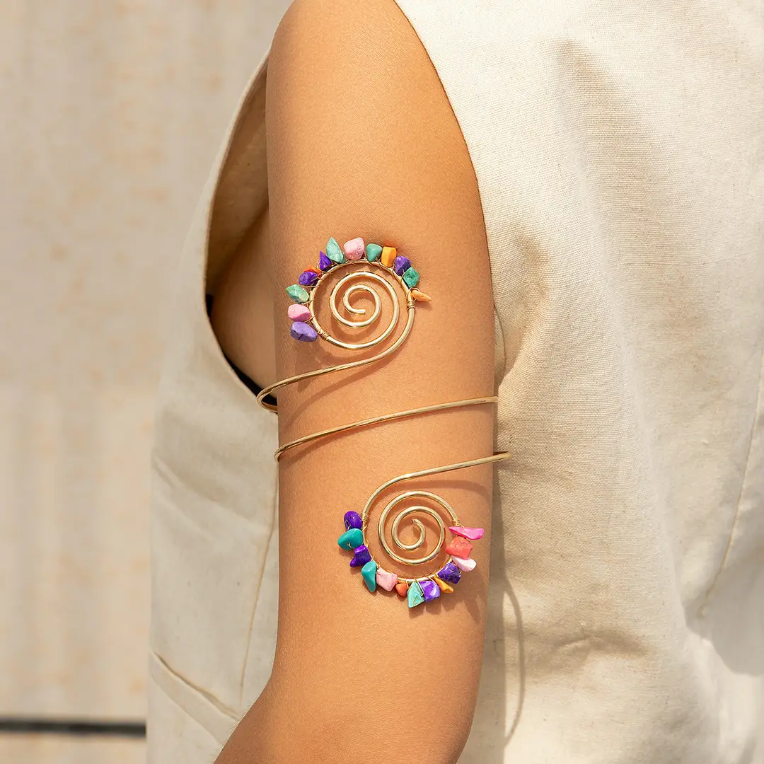 European, American and African Tribal Style Gravel Arm Chain Arm Ring Beaded Spiral Line Bracelet Jewelry Vintage Open Bracelet