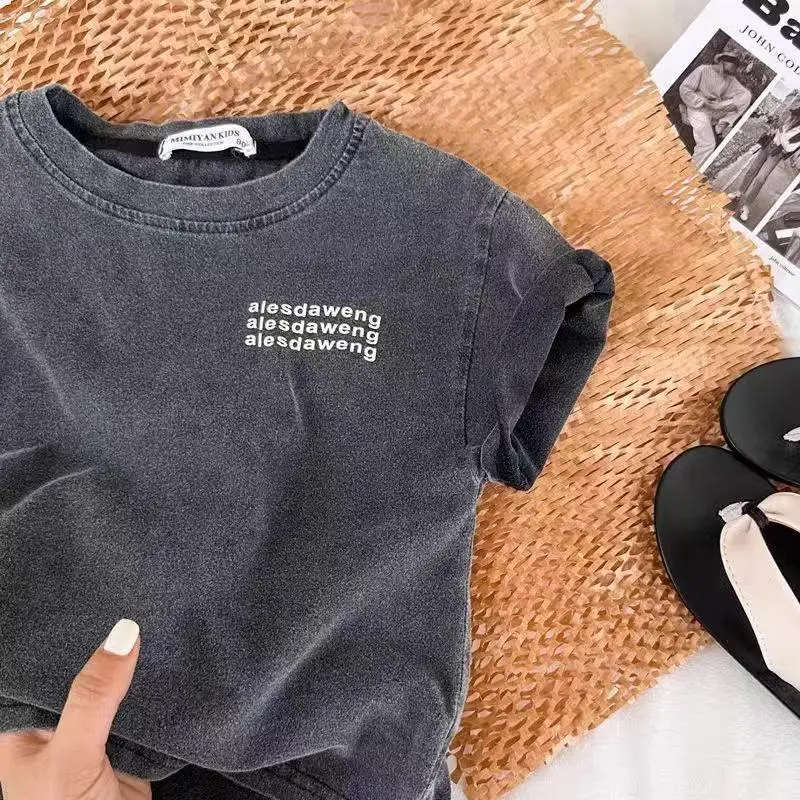 Summer Cotton Grey Letter Print Boys T-Shirt Round Neck - Image 3