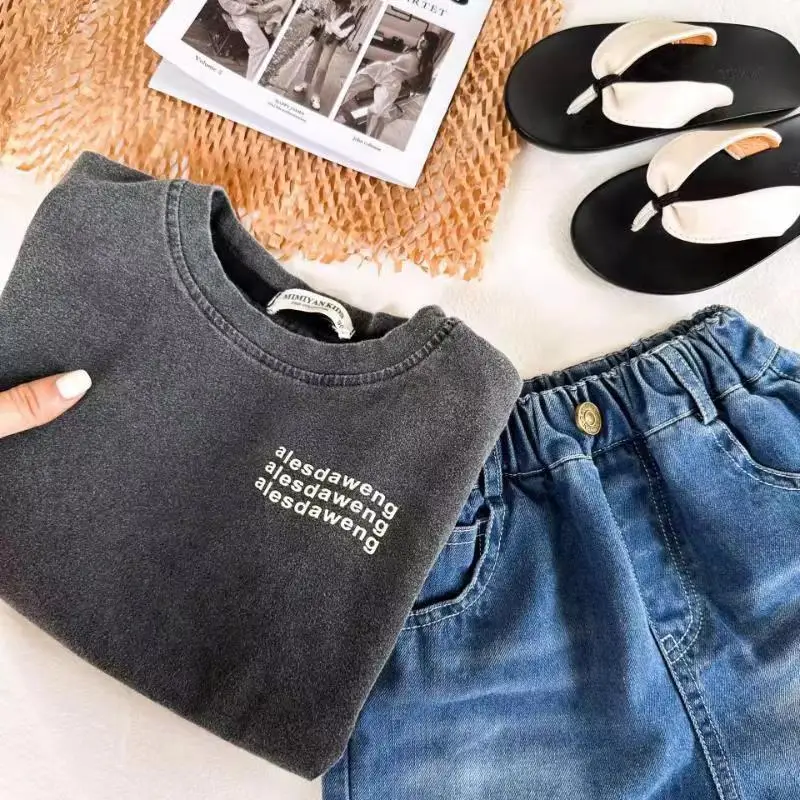 Summer Cotton Grey Letter Print Boys T-Shirt Round Neck - Image 4