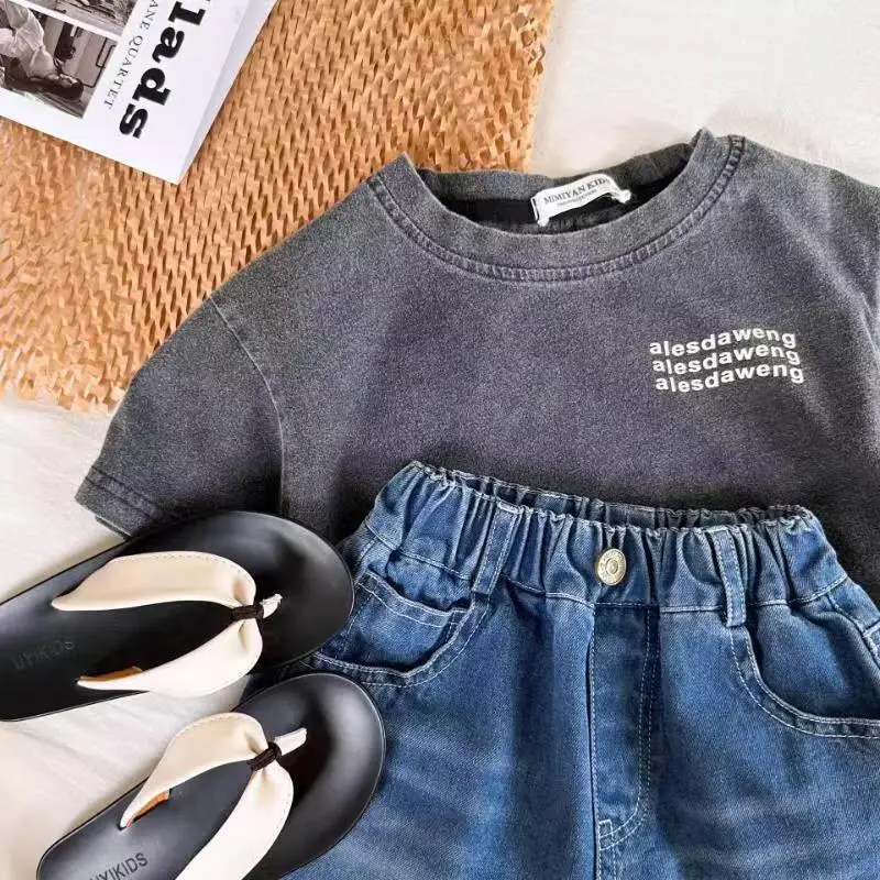 Summer Cotton Grey Letter Print Boys T-Shirt Round Neck — feature 5