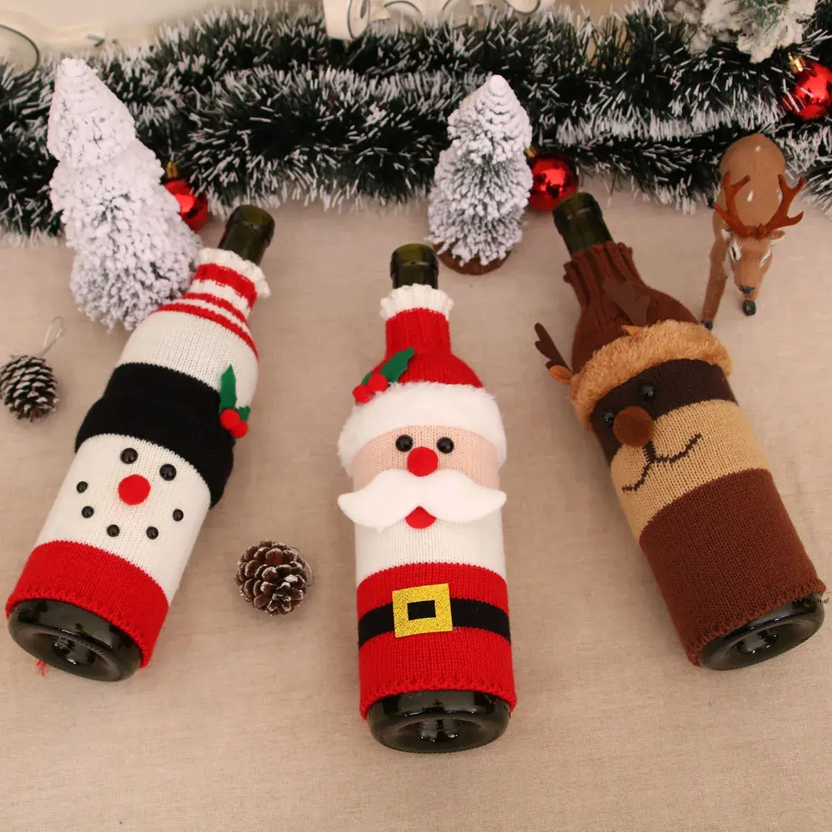 Knitted Wool Christmas Wine Bottle Decor Set Red Black White - Image 5