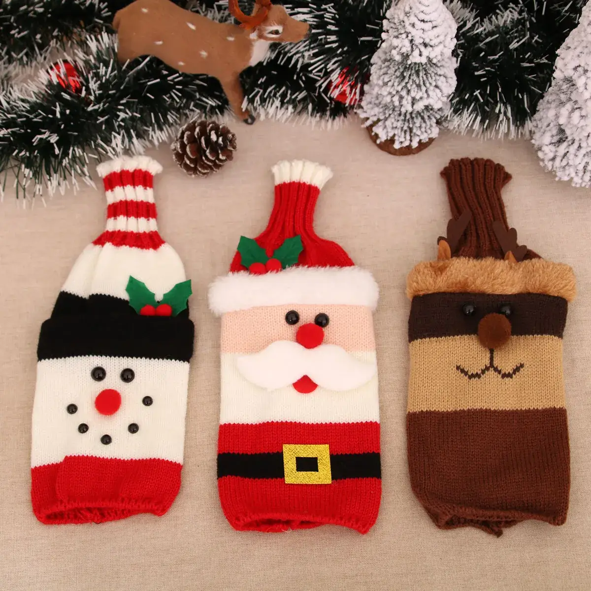 Knitted Wool Christmas Wine Bottle Decor Set Red Black White - Image 6