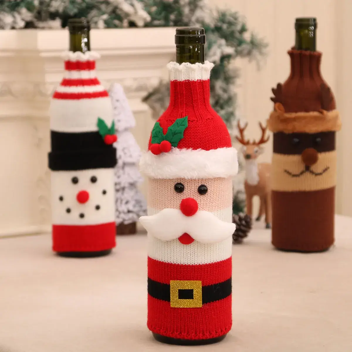 Knitted Wool Christmas Wine Bottle Decor Set Red Black White - Image 7