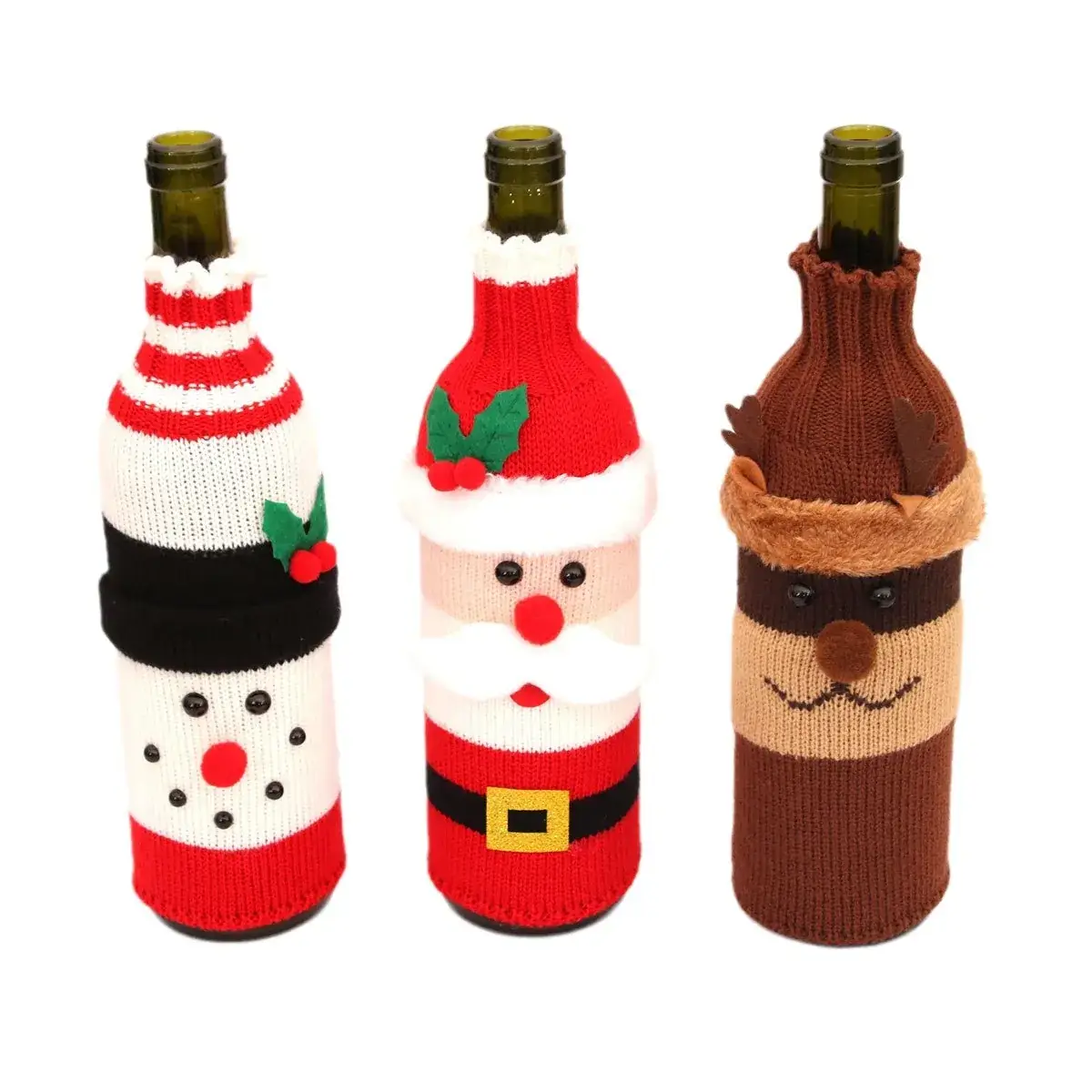Knitted Wool Christmas Wine Bottle Decor Set Red Black White - Image 8