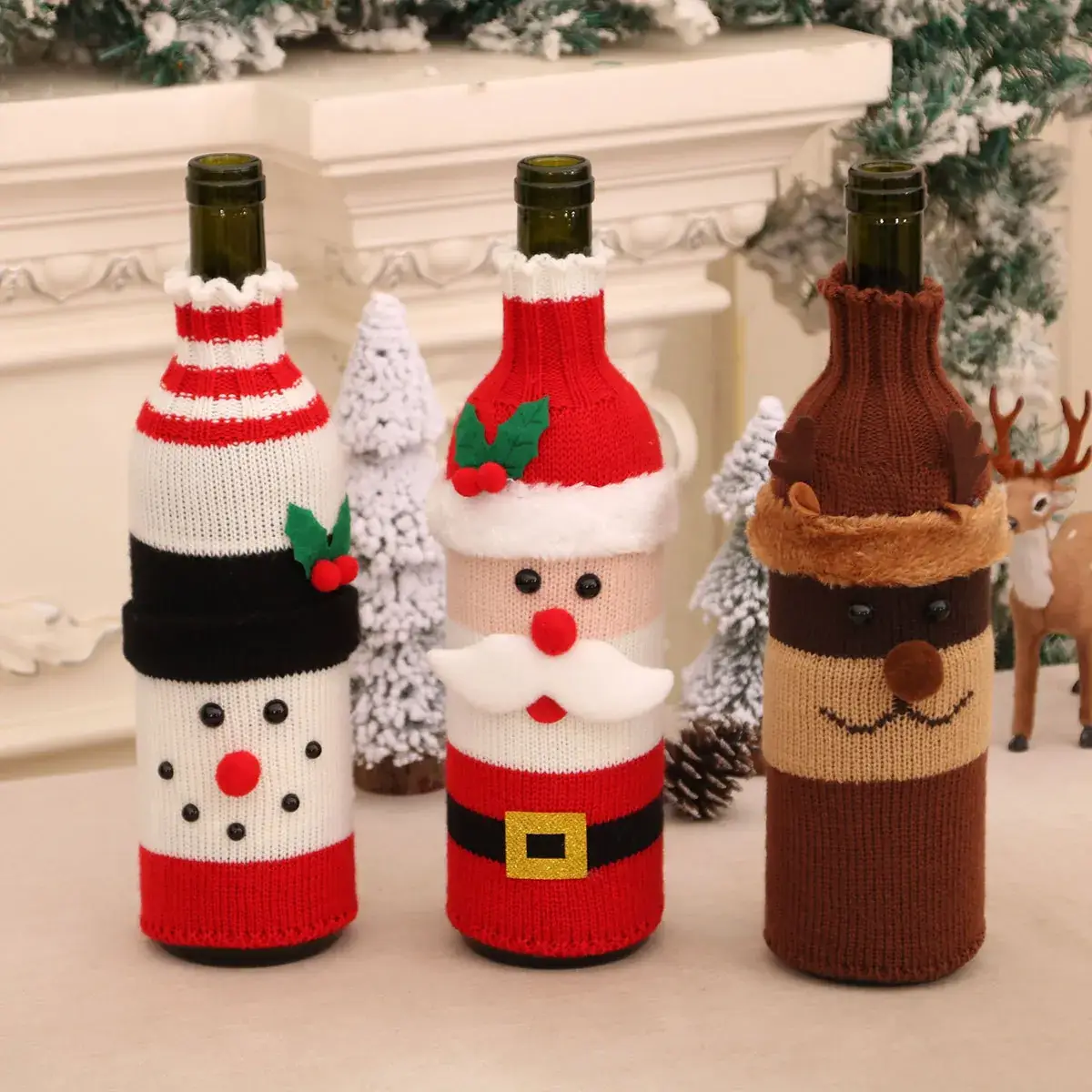 Knitted Wool Christmas Wine Bottle Decor Set Red Black White — feature 1