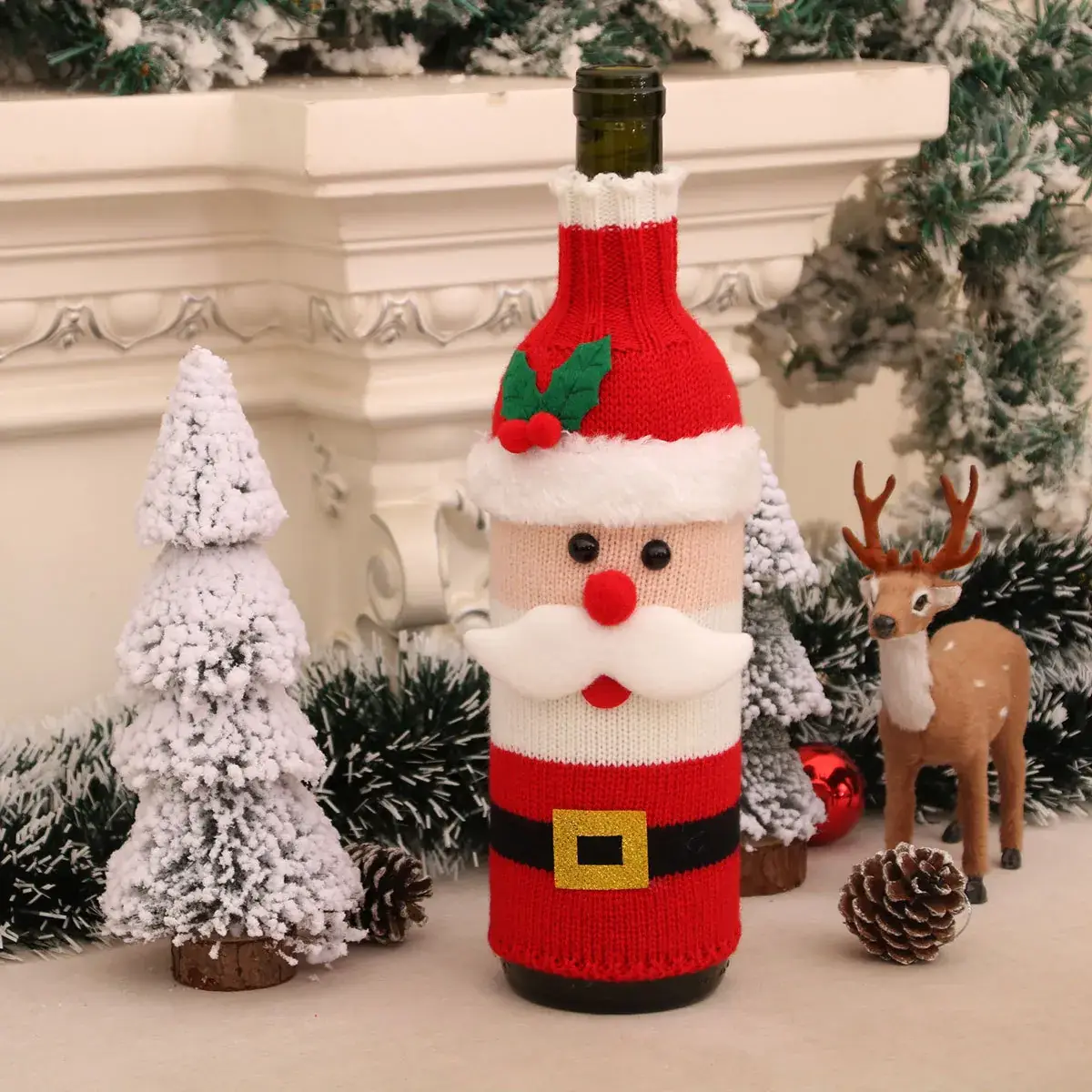 Knitted Wool Christmas Wine Bottle Decor Set Red Black White — feature 10