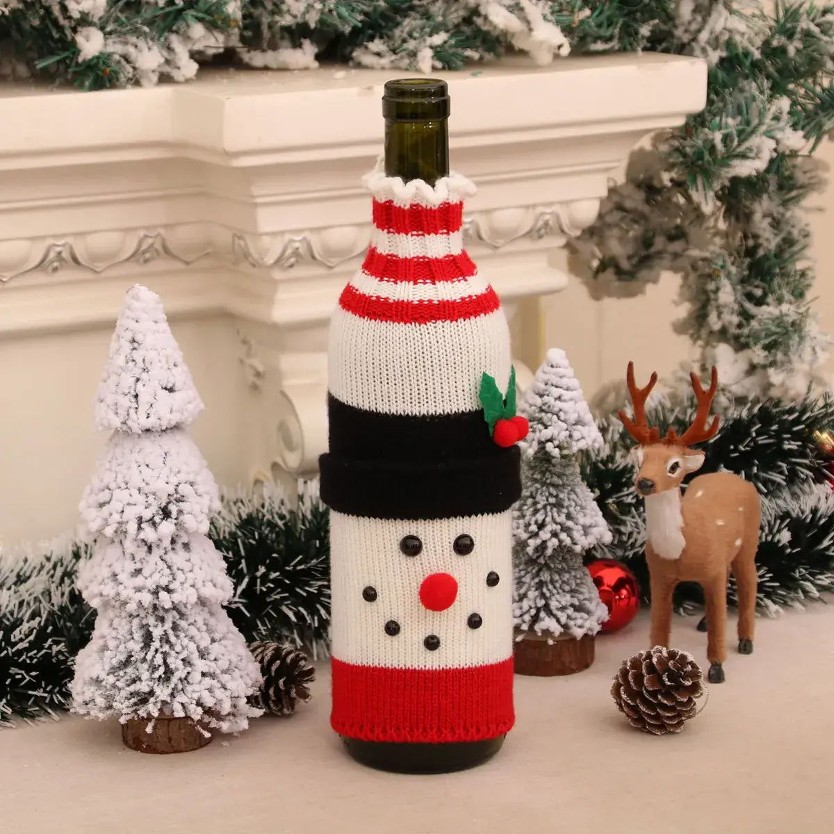 Knitted Wool Christmas Wine Bottle Decor Set Red Black White — feature 11