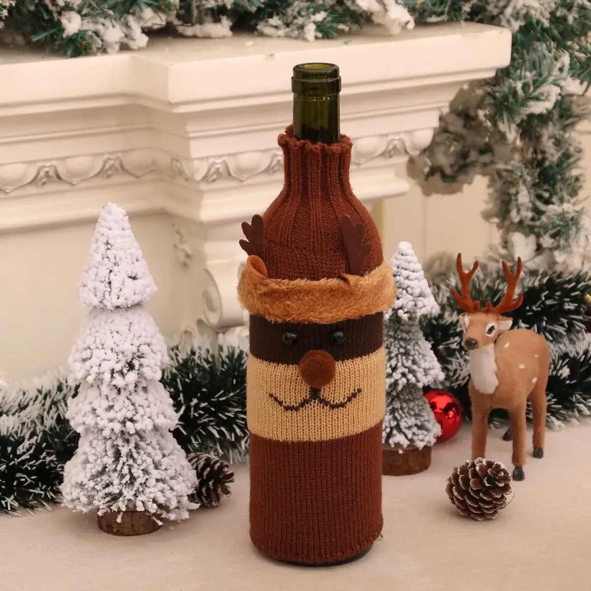 Knitted Wool Christmas Wine Bottle Decor Set Red Black White — feature 12