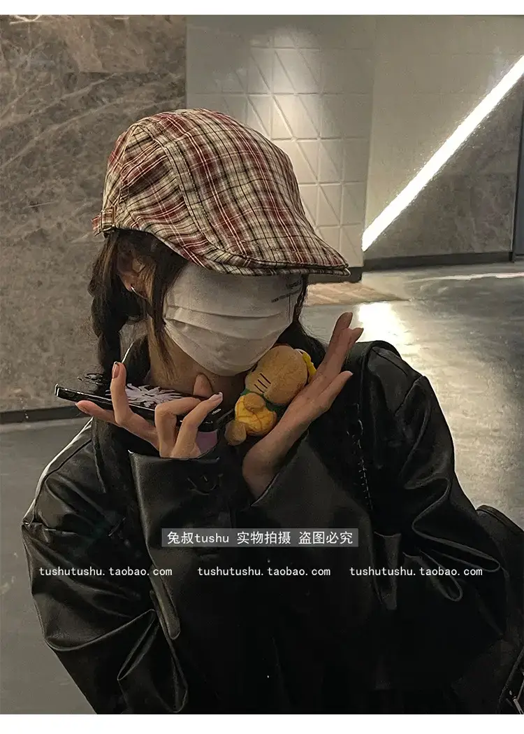 Retro Plaid Hat Women British Style Thin Duck Tongue Forward — feature 3