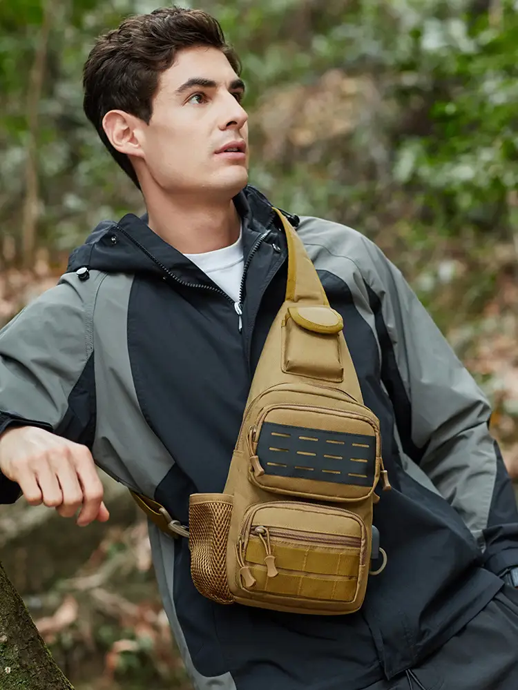 Men's Military Style Sports Chest Bag Tan Large Capacity