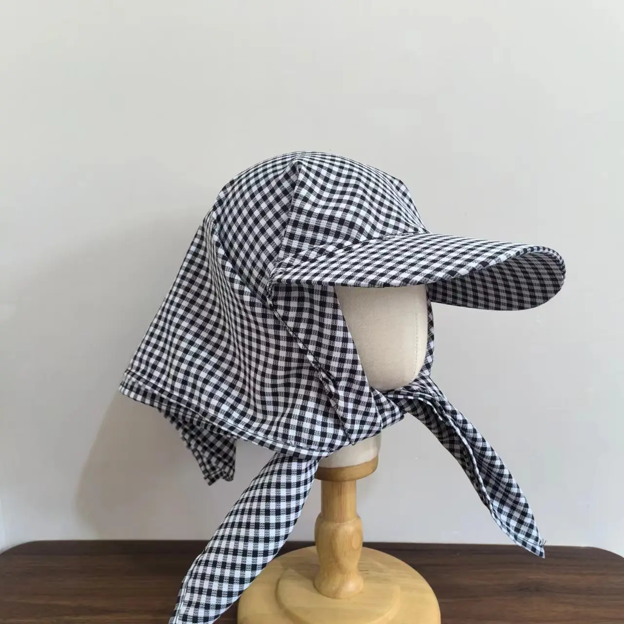 Women's Green Checkered Sun Hat with Ties - Image 3