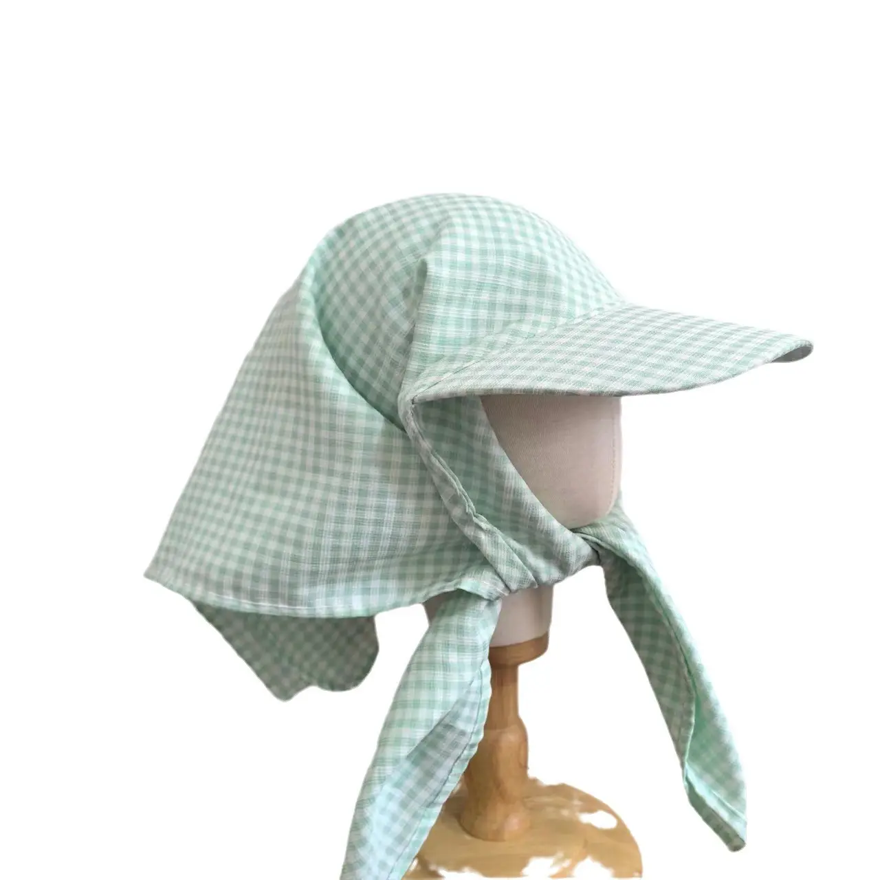 Women's Green Checkered Sun Hat with Ties - Image 6