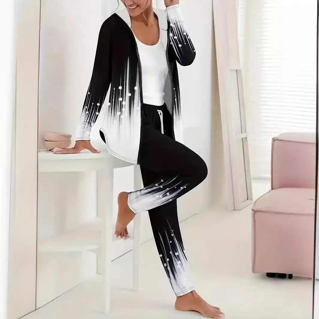 2D Digital Print Hooded Trousers Set Women Winter Casual