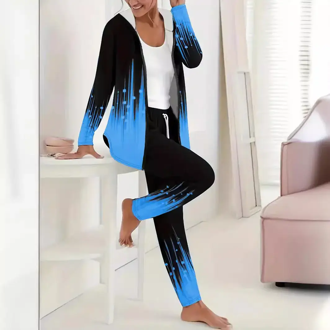 2D Digital Print Hooded Trousers Set Women Winter Casual