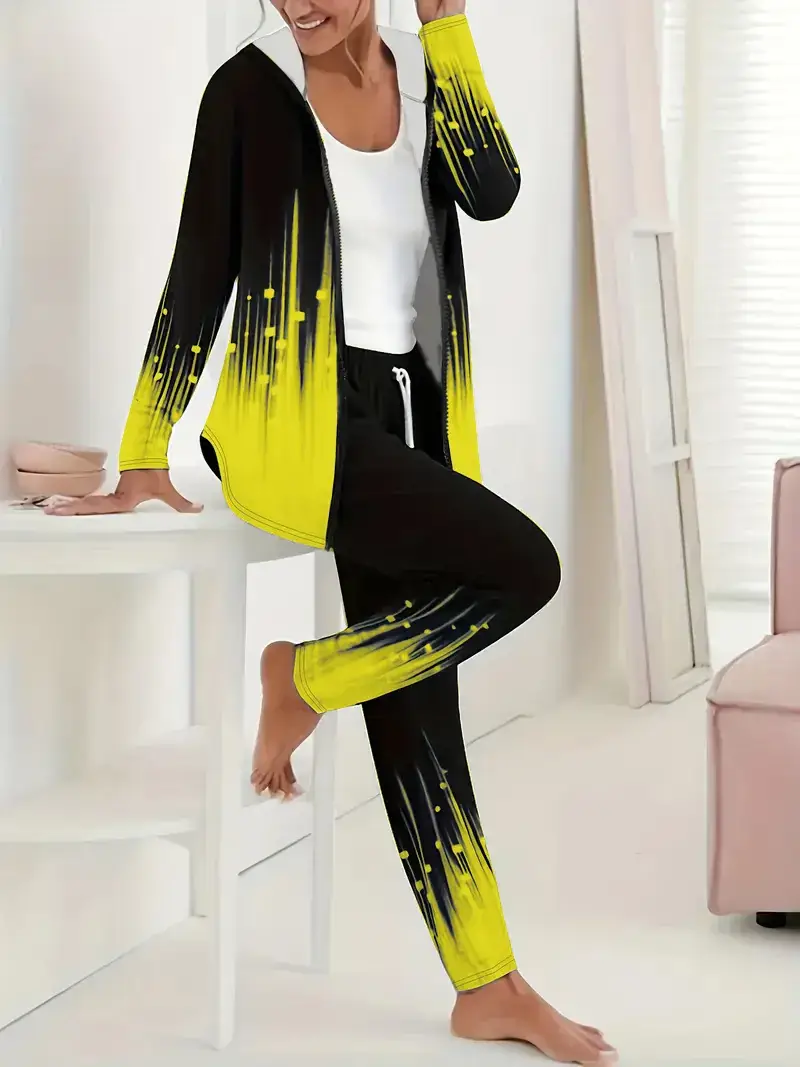 2D Digital Print Hooded Trousers Set Women Winter Casual