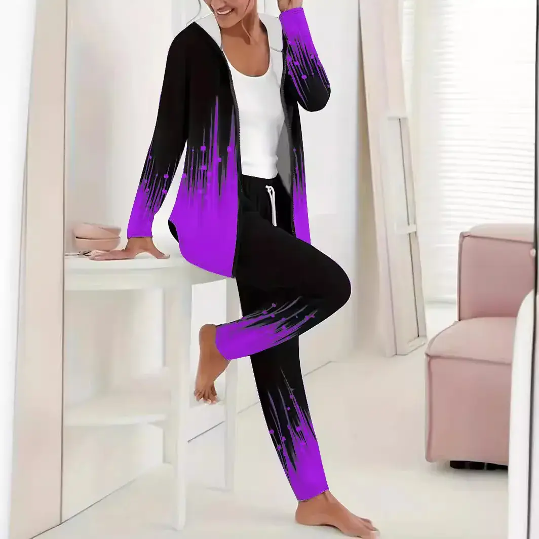 2D Digital Print Hooded Trousers Set Women Winter Casual
