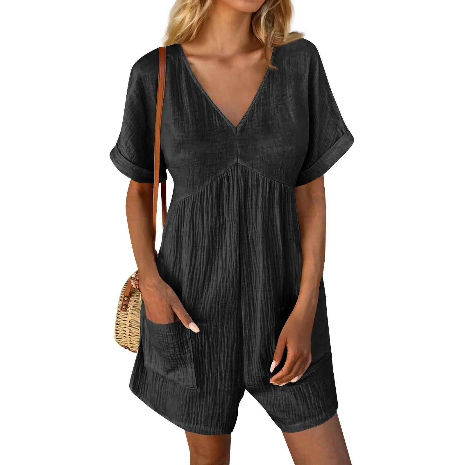 2024 Black V Neck Bat Cuff Shorts Set - Image 17