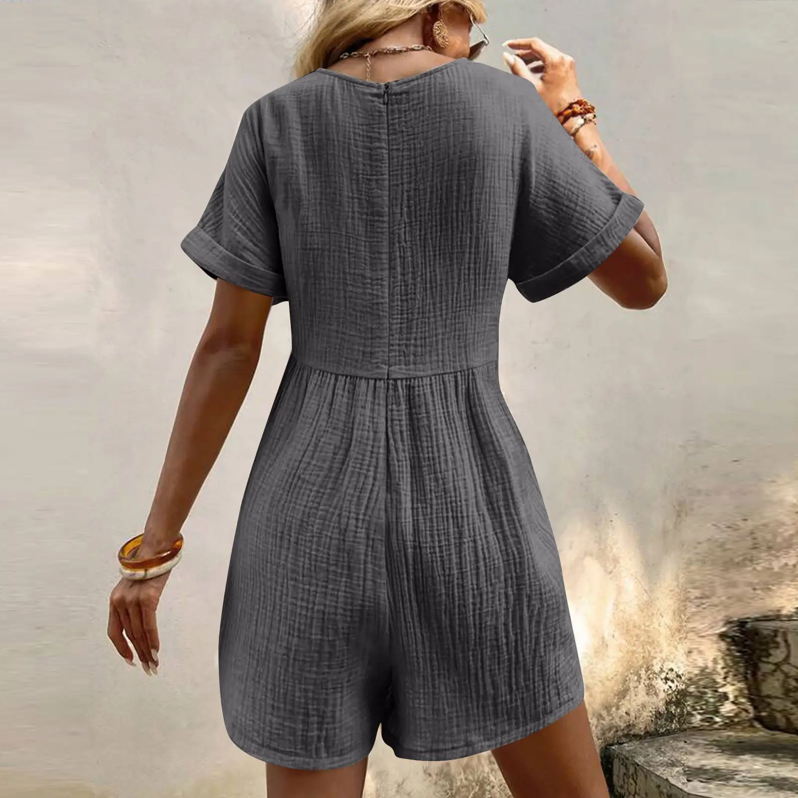 2024 Black V Neck Bat Cuff Shorts Set — feature 22