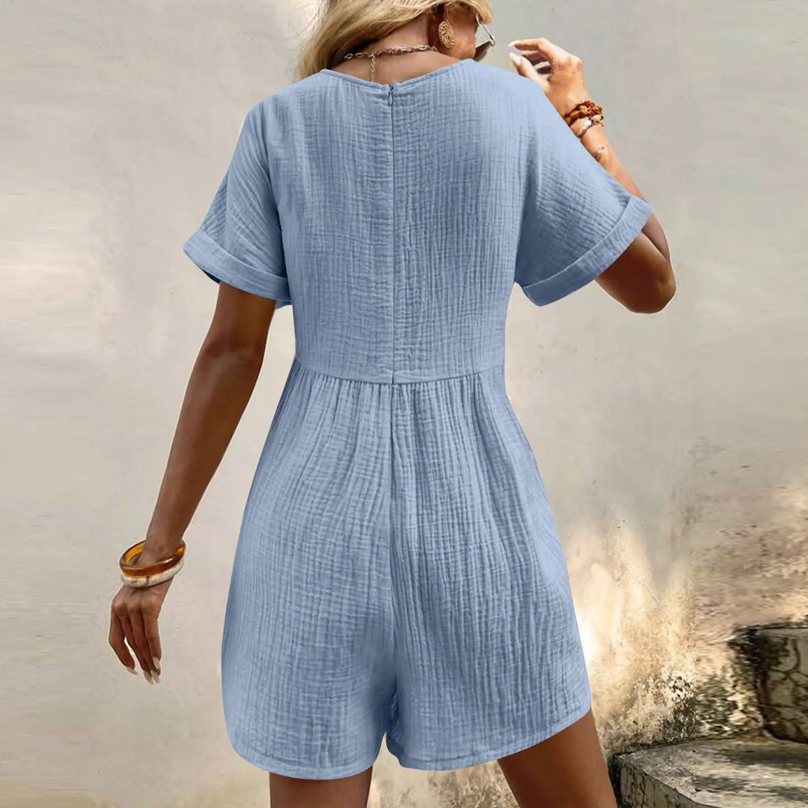 2024 Black V Neck Bat Cuff Shorts Set — feature 42