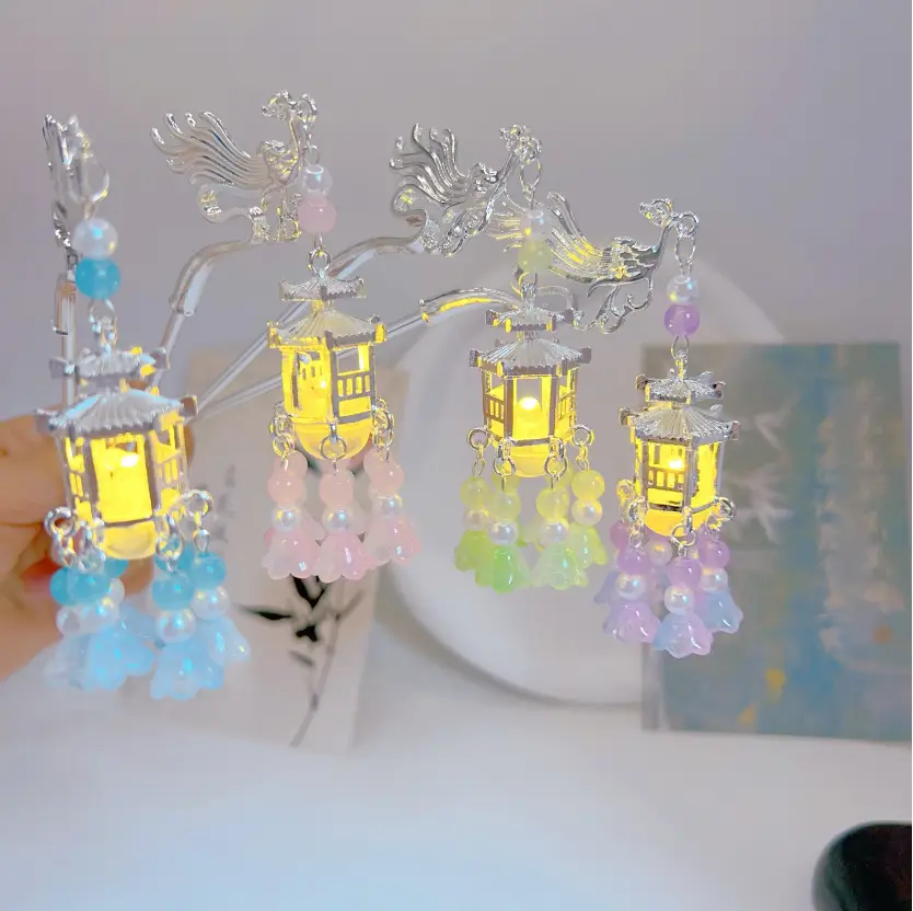 Palace Silver Luminous Lantern Hairpin with Wind Chime - Image 7