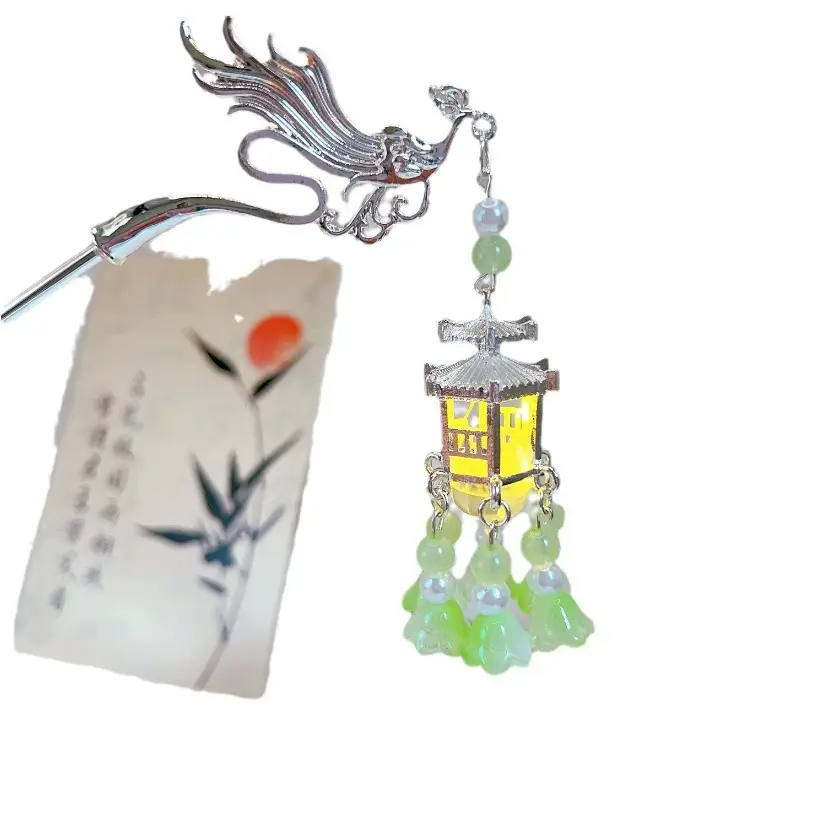 Palace Silver Luminous Lantern Hairpin with Wind Chime - Image 9