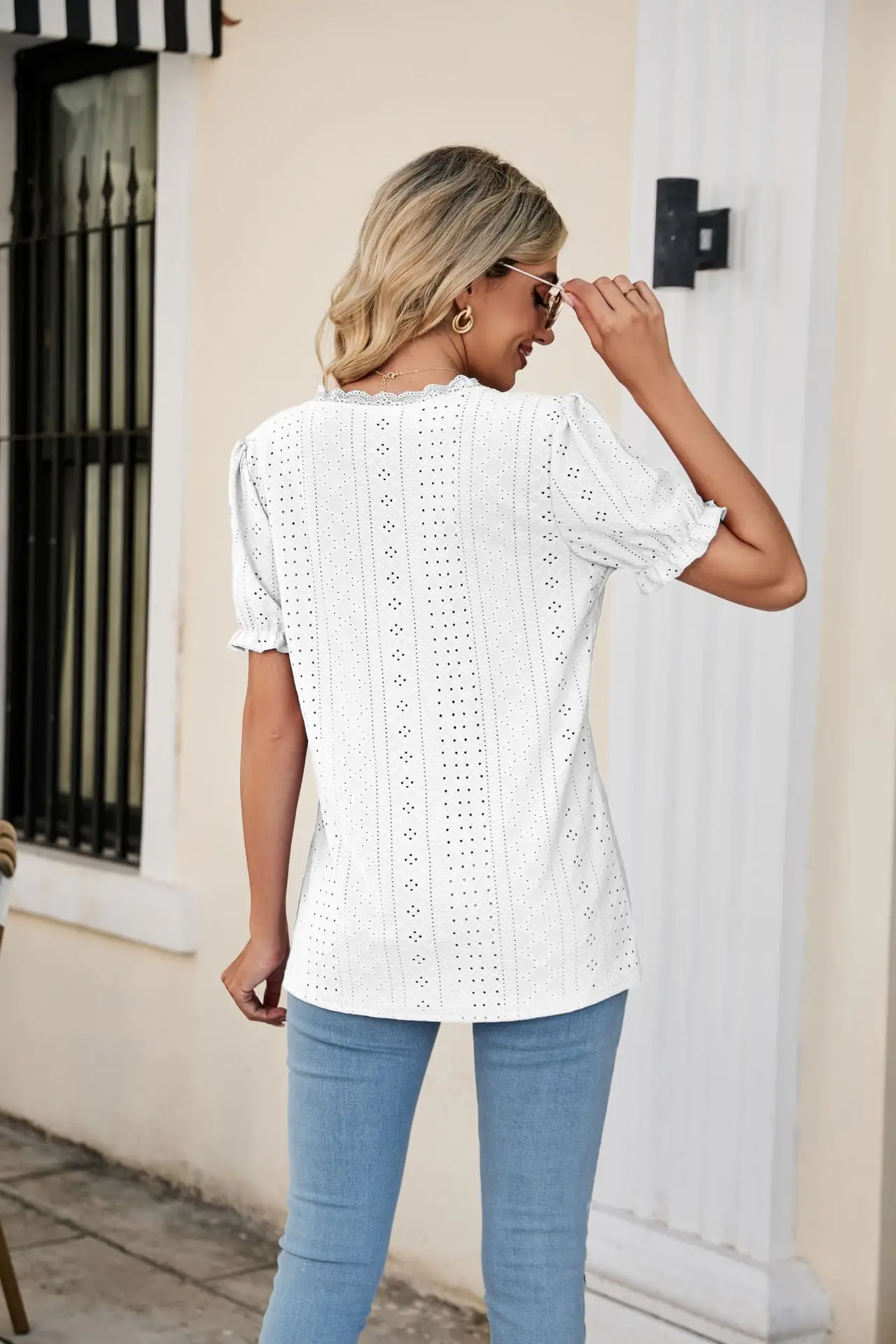 Women Pink Lace V-Neck T-Shirt Short Sleeve — feature 13
