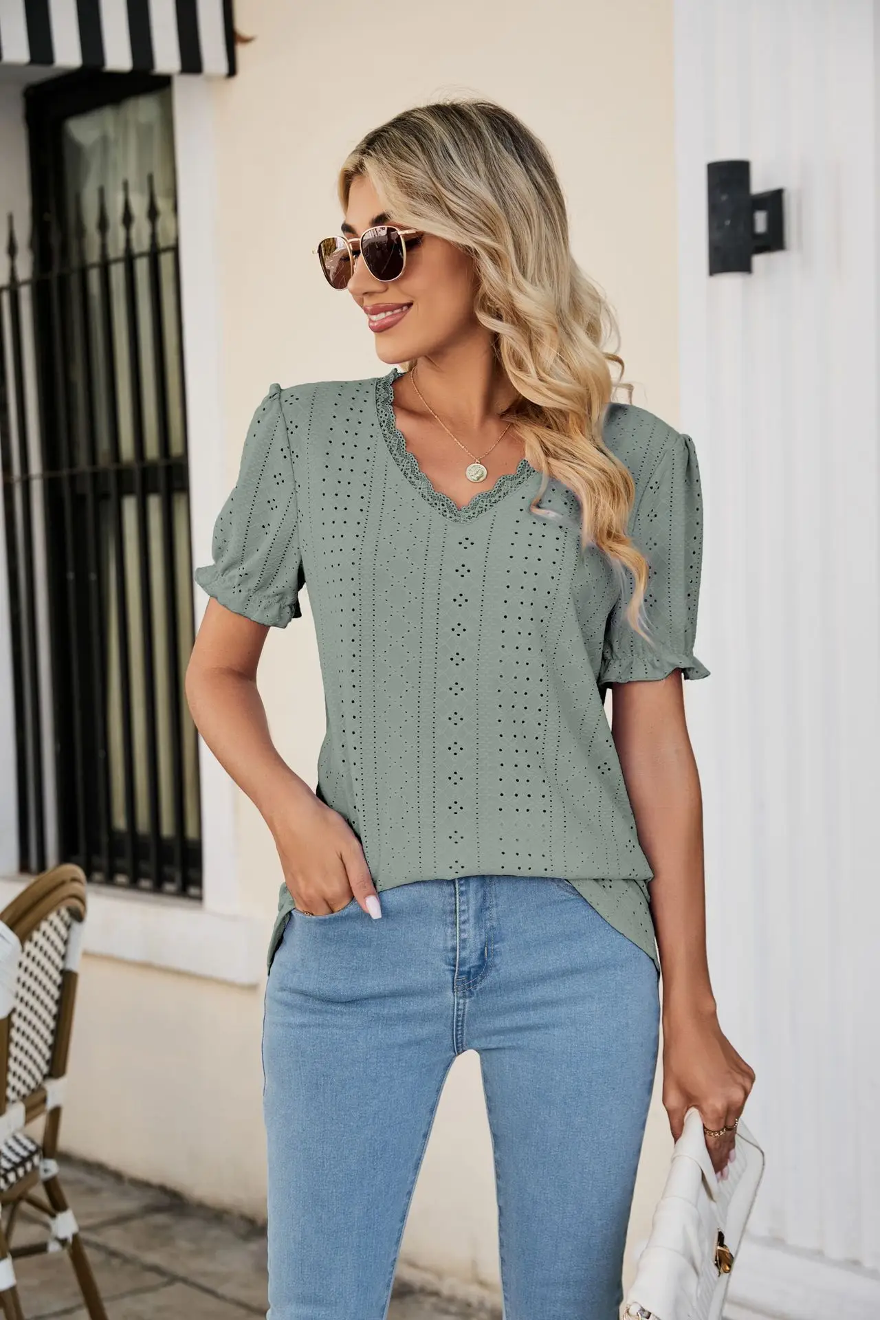 Women Pink Lace V-Neck T-Shirt Short Sleeve — feature 14
