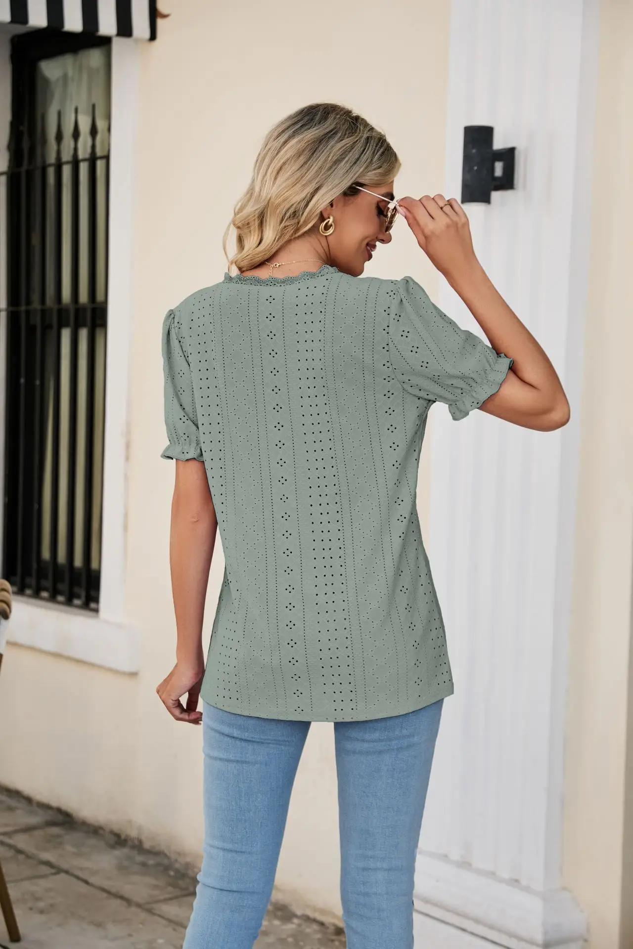 Women Pink Lace V-Neck T-Shirt Short Sleeve — feature 18