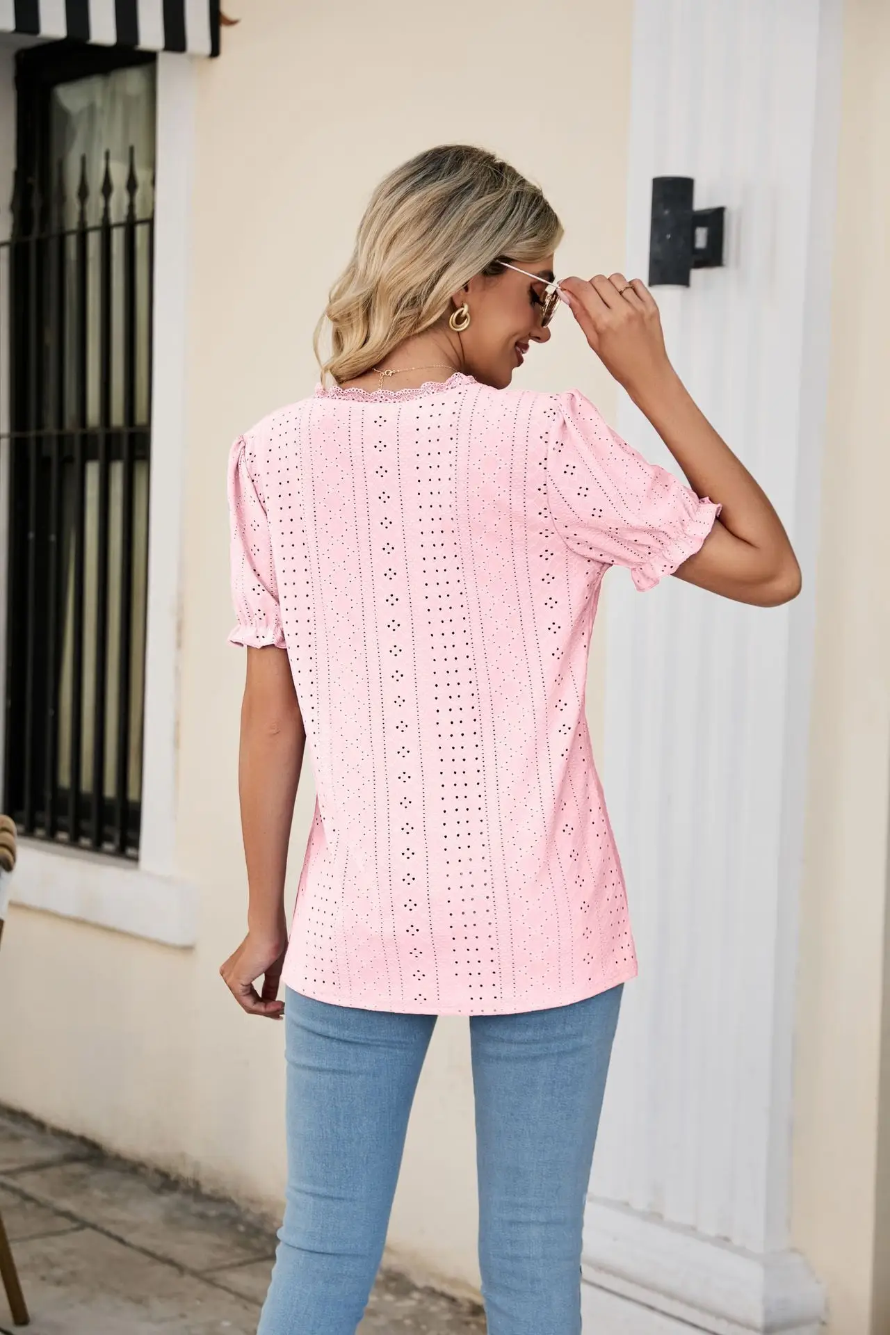 Women Pink Lace V-Neck T-Shirt Short Sleeve — feature 23