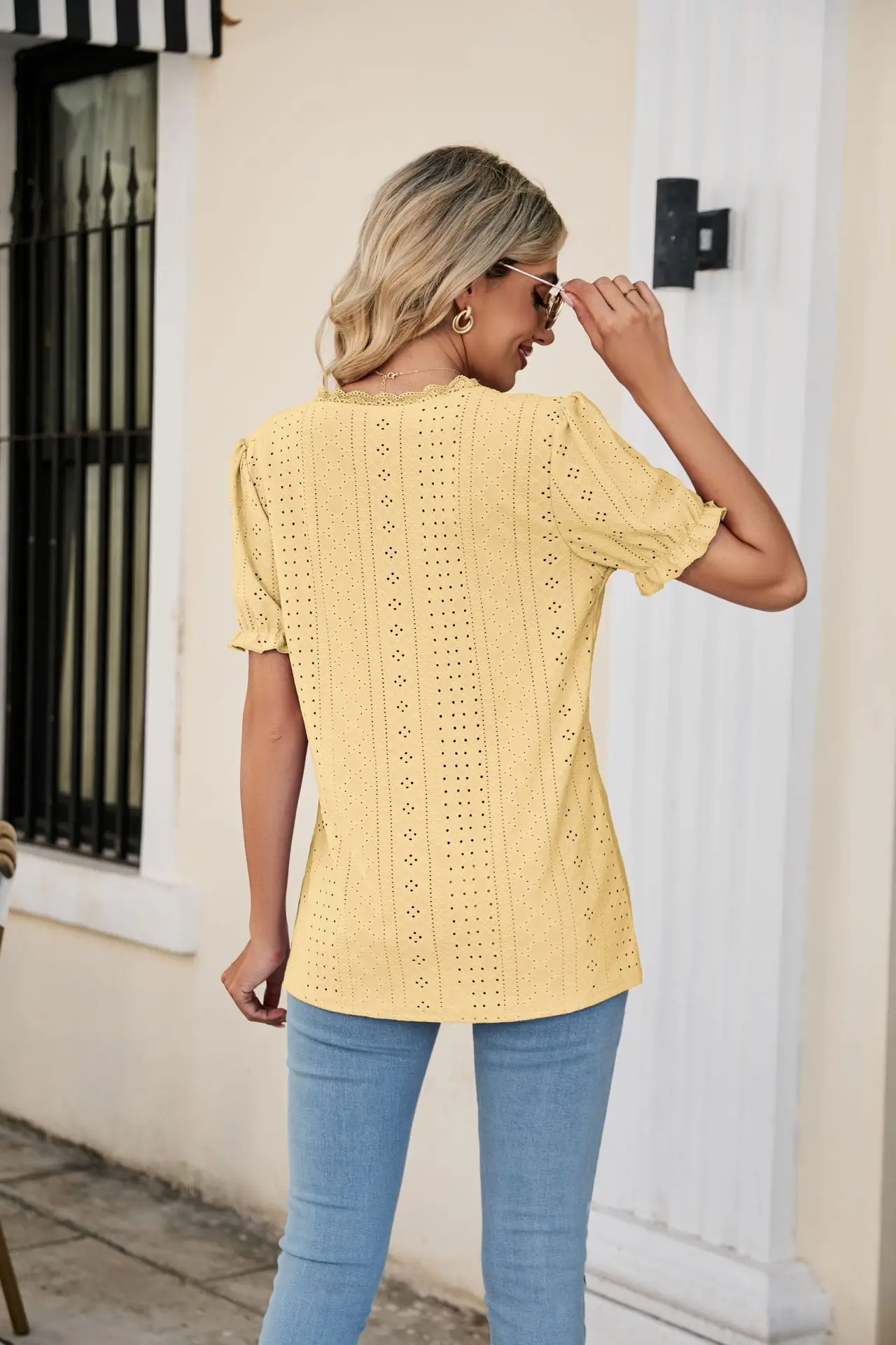 Women Pink Lace V-Neck T-Shirt Short Sleeve — feature 28