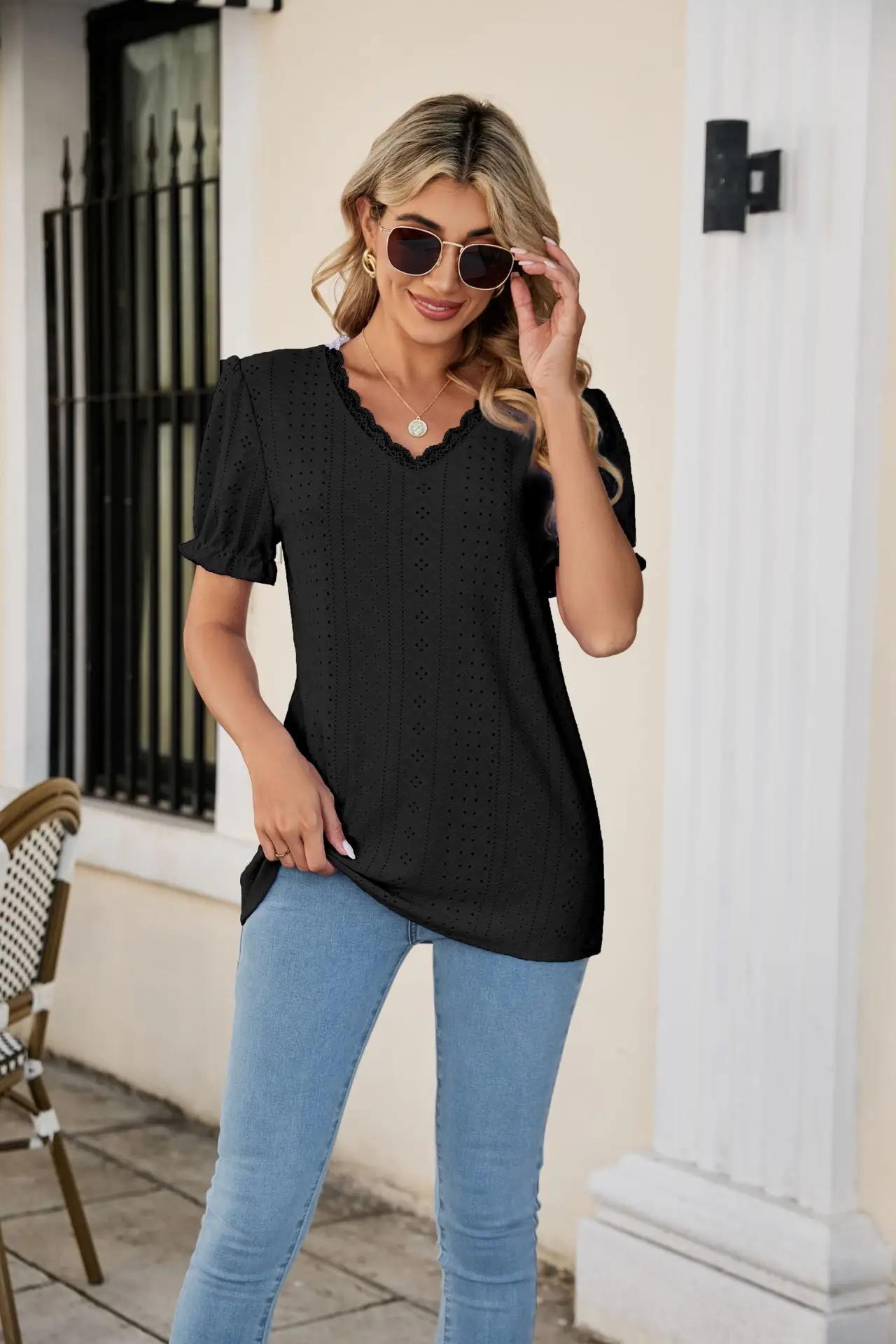 Women Pink Lace V-Neck T-Shirt Short Sleeve — feature 30