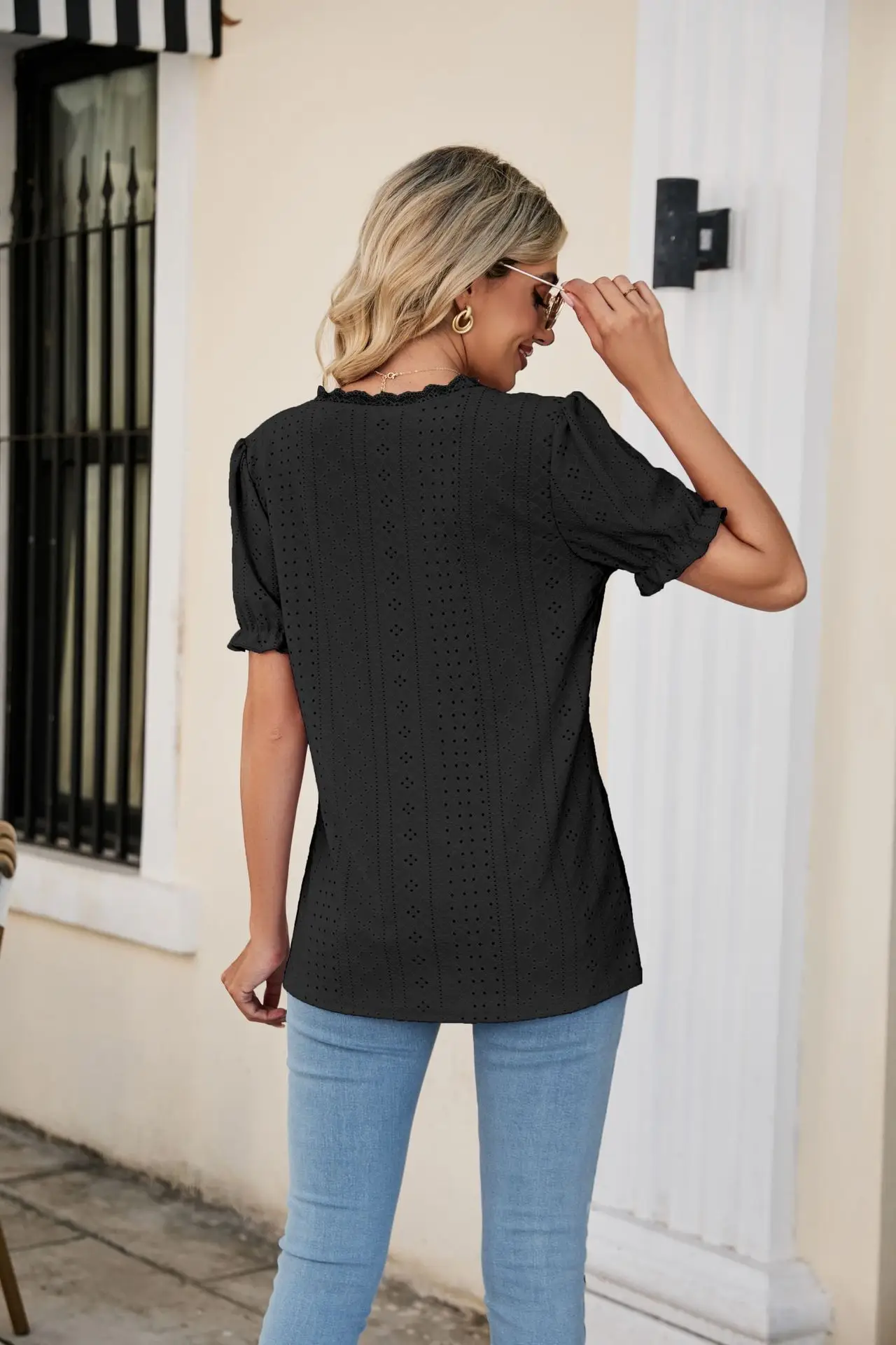 Women Pink Lace V-Neck T-Shirt Short Sleeve — feature 33