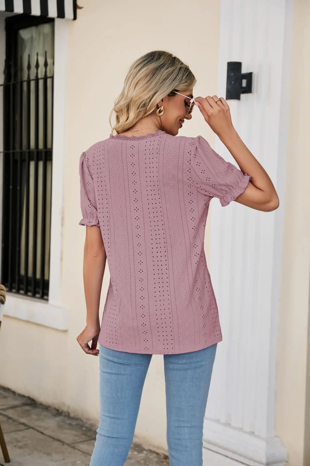 Women Pink Lace V-Neck T-Shirt Short Sleeve — feature 37