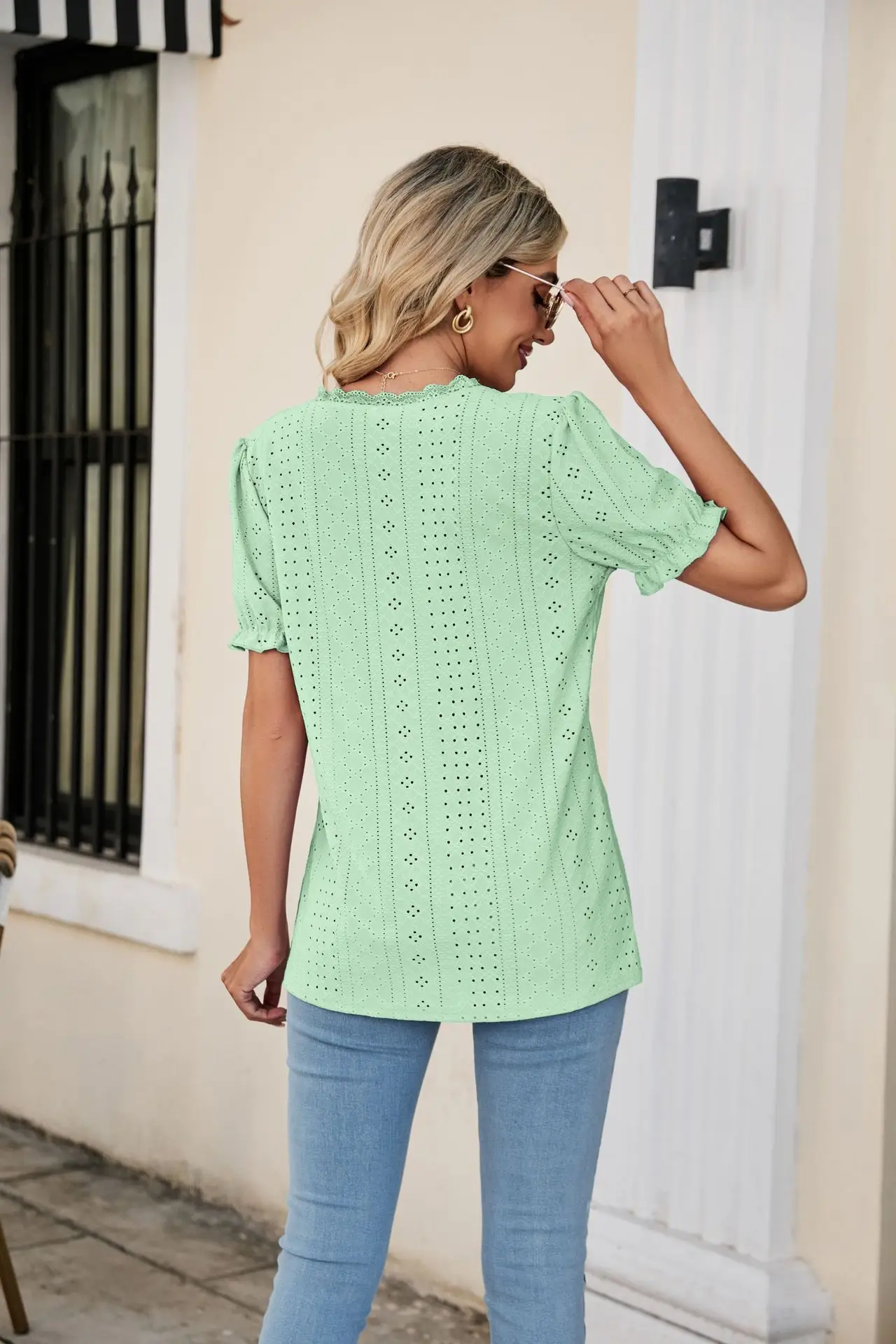 Women Pink Lace V-Neck T-Shirt Short Sleeve — feature 40