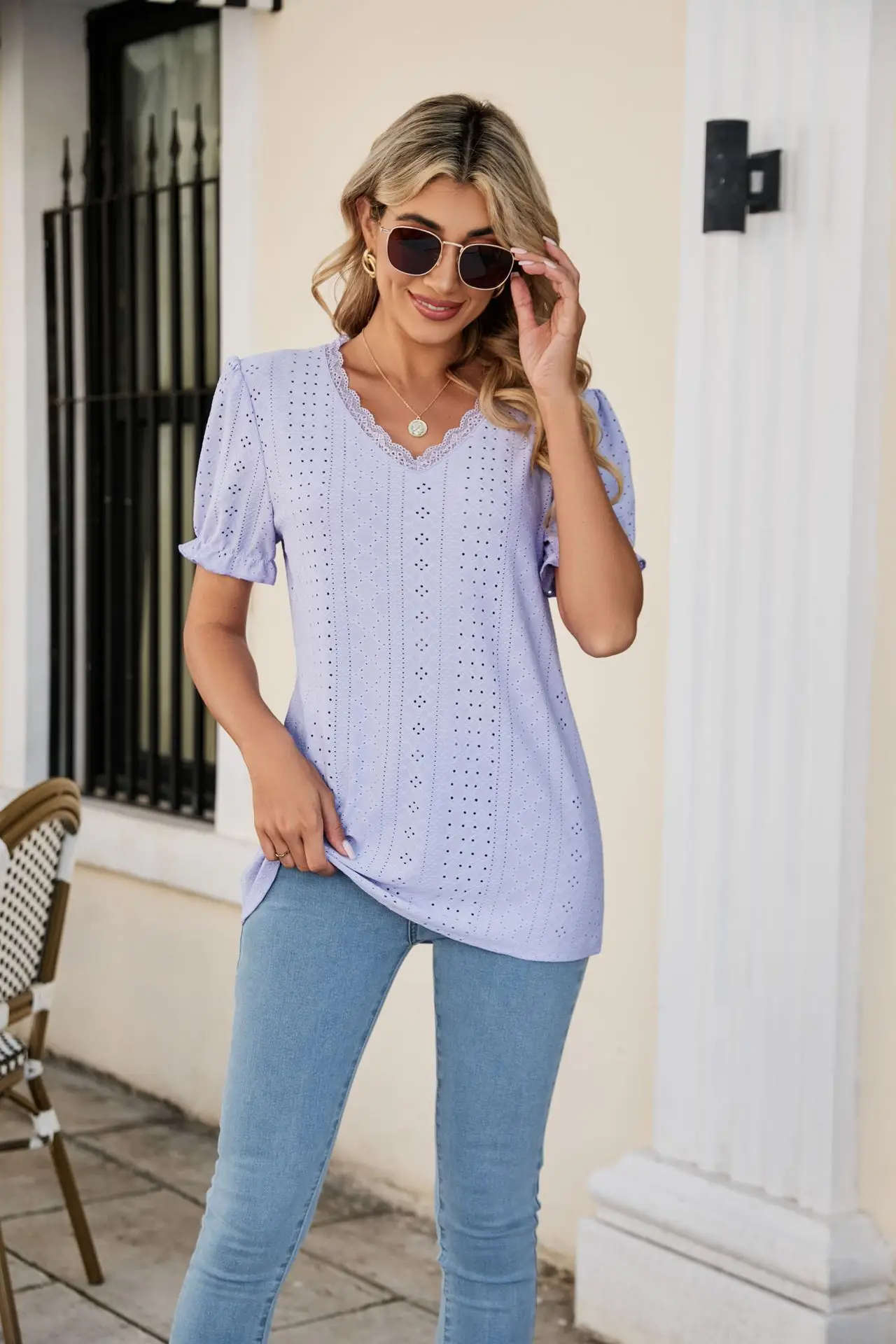 Women Pink Lace V-Neck T-Shirt Short Sleeve — feature 5