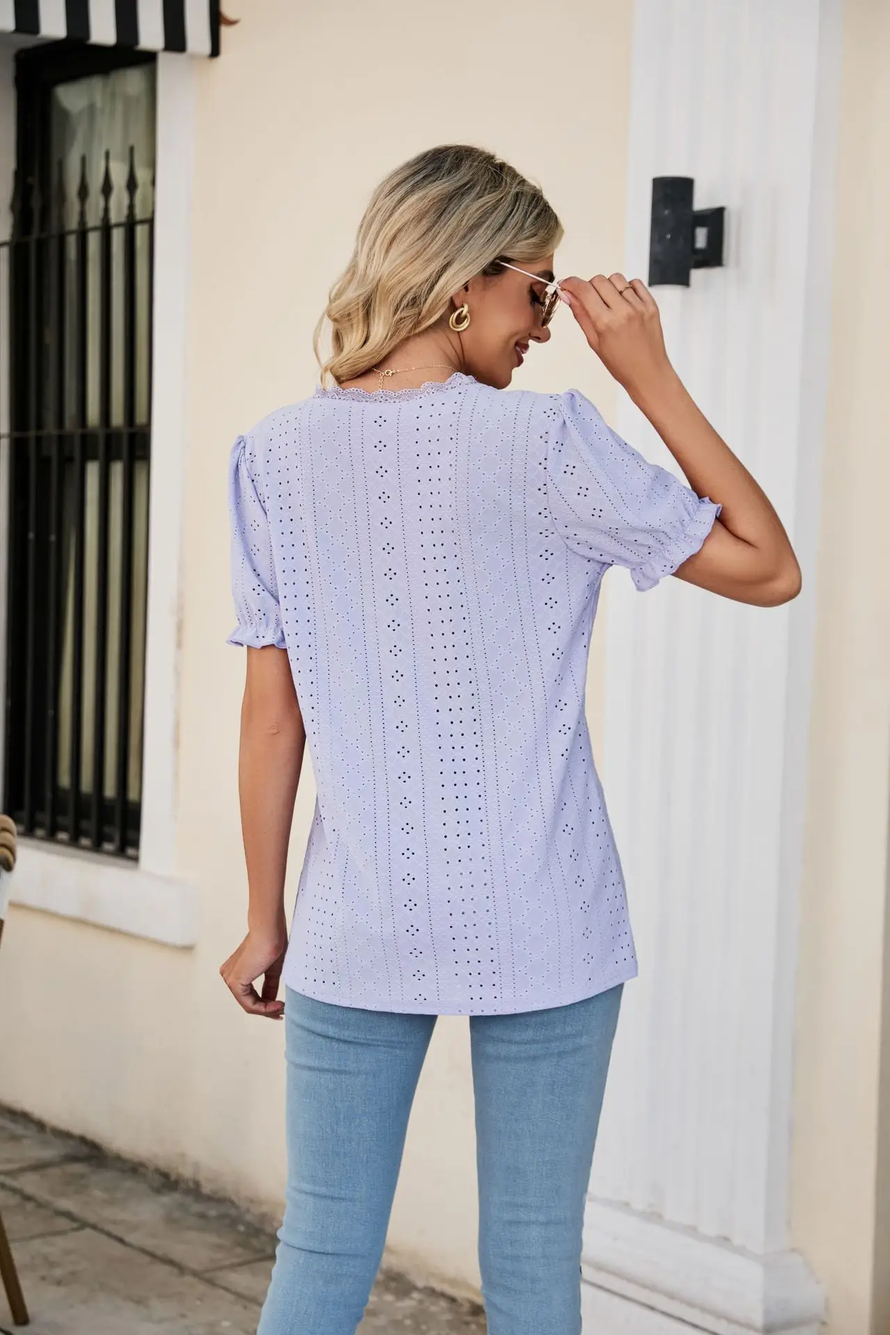 Women Pink Lace V-Neck T-Shirt Short Sleeve — feature 7