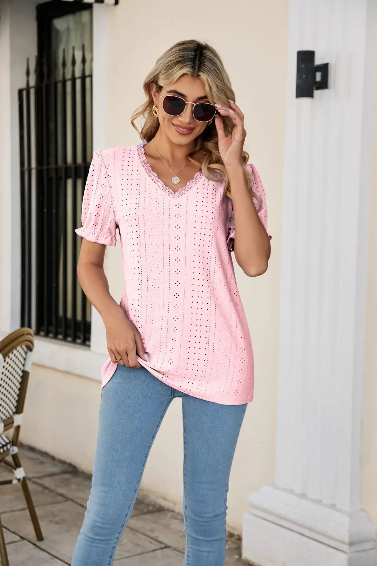 Women Pink Lace V-Neck T-Shirt Short Sleeve - Image 4