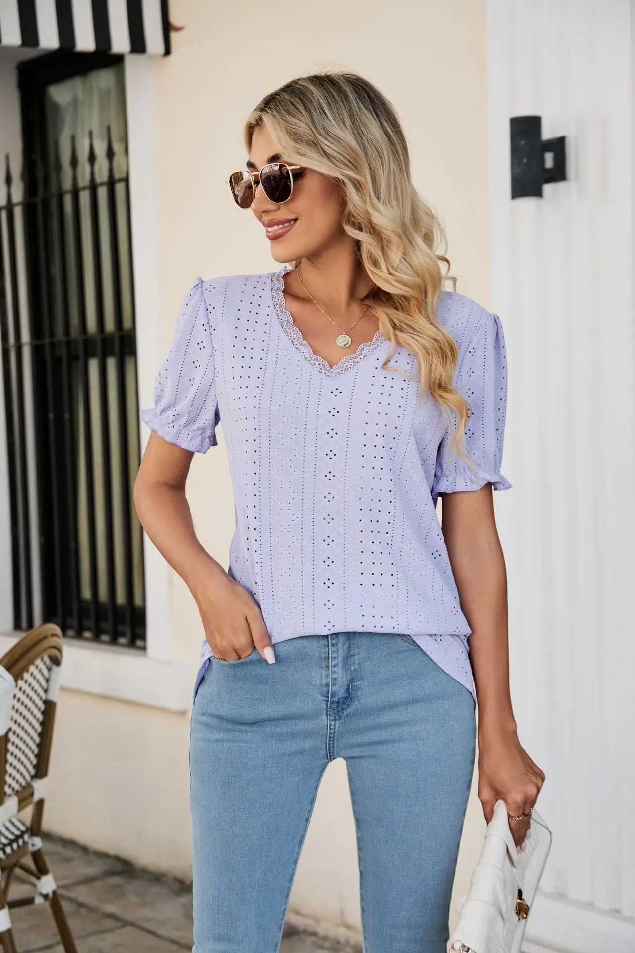 Women Pink Lace V-Neck T-Shirt Short Sleeve - Image 5