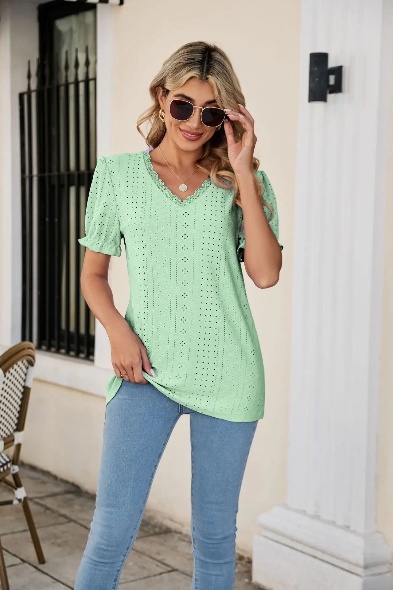 Women Pink Lace V-Neck T-Shirt Short Sleeve - Image 6