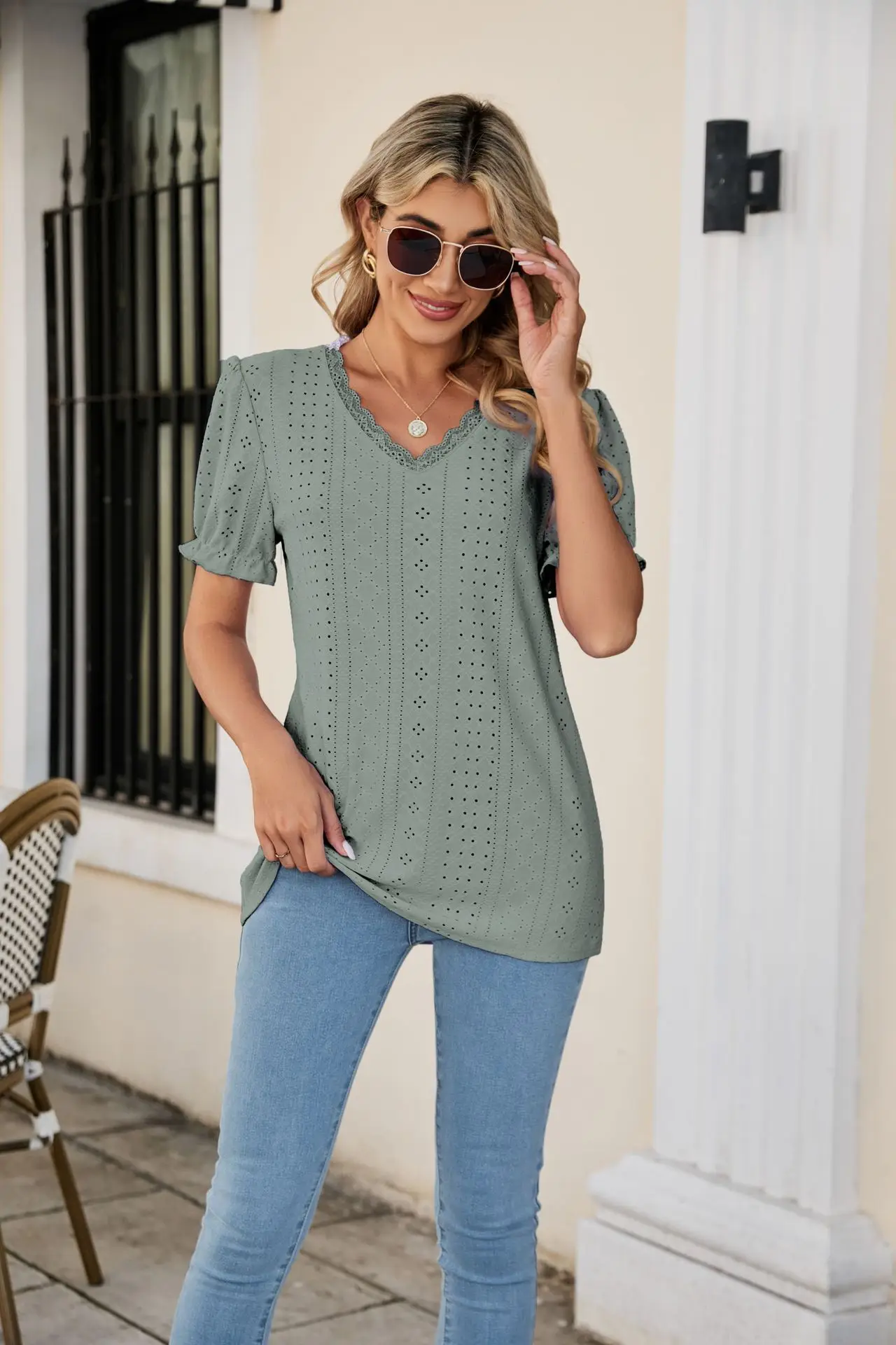 Women Pink Lace V-Neck T-Shirt Short Sleeve - Image 7