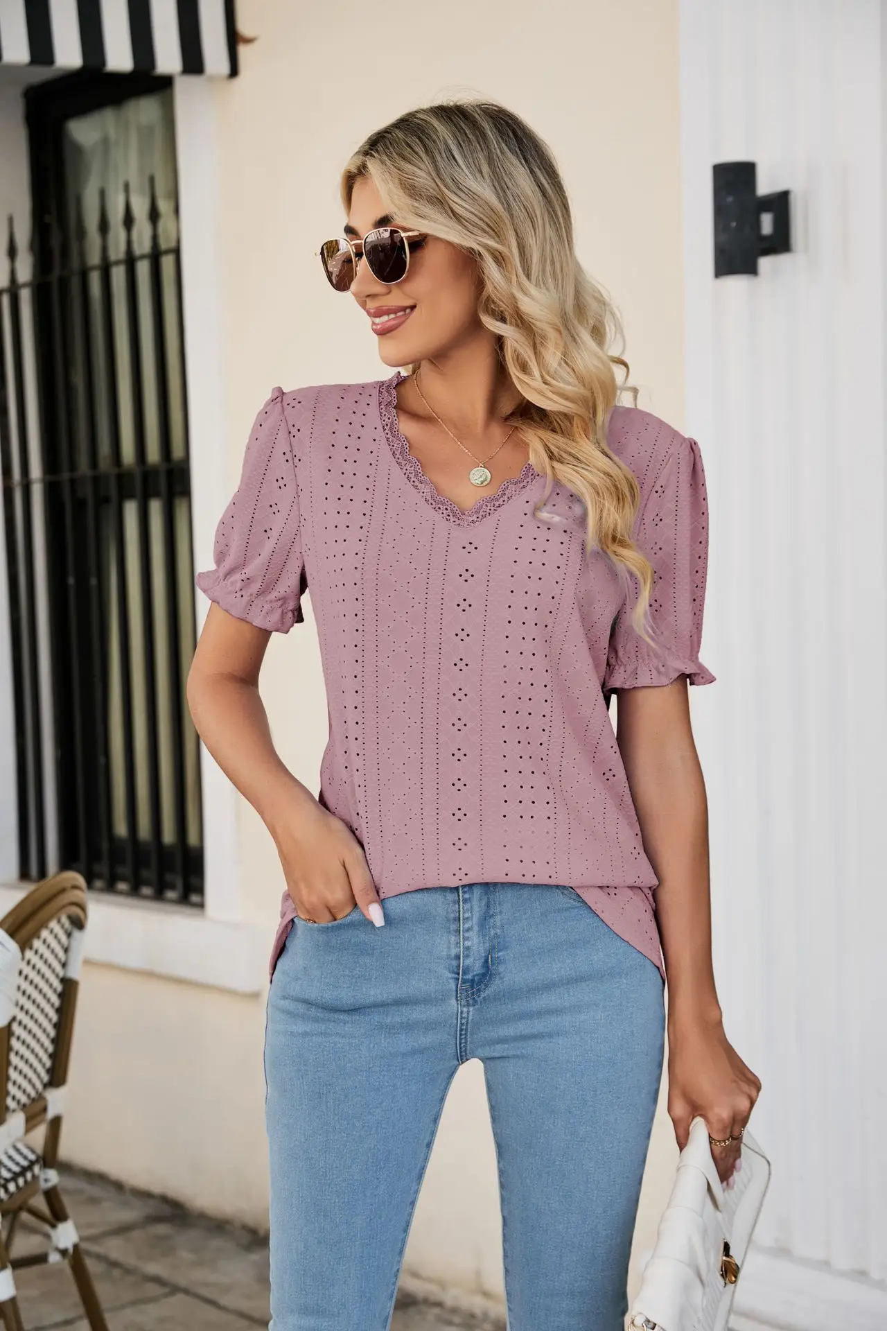 Women Pink Lace V-Neck T-Shirt Short Sleeve - Image 8
