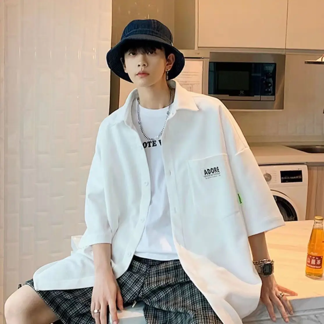 Men's 2024 White Waffle Short Sleeve Shirt with Hat - Image 3
