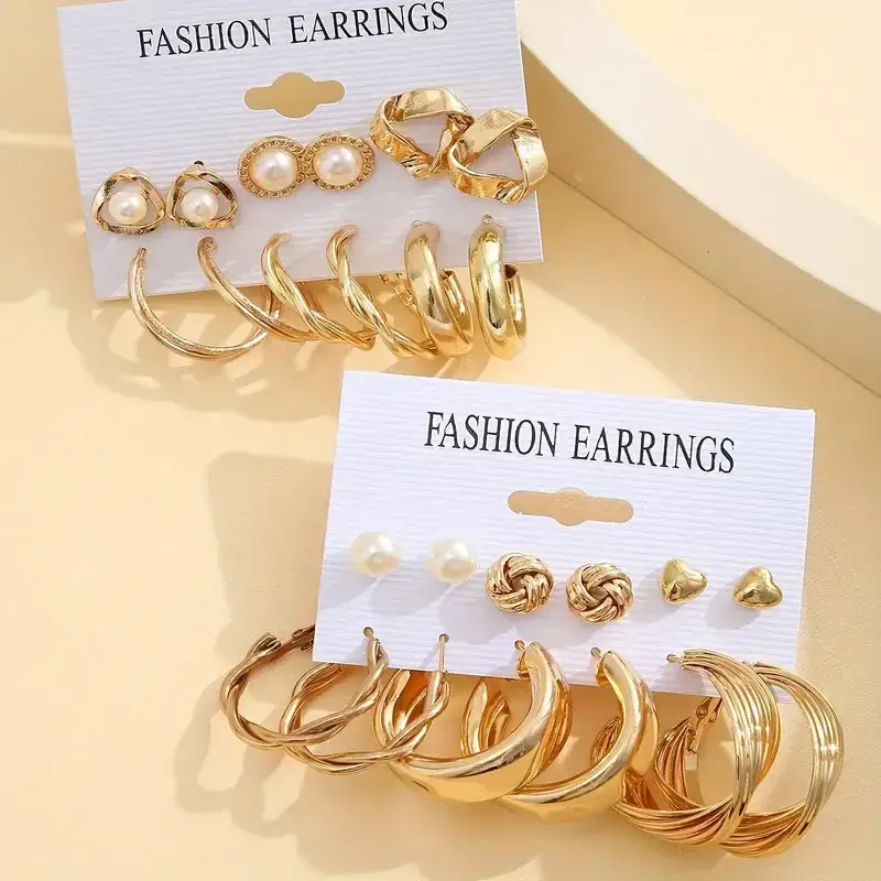 Fashion Earrings Set 6 Pcs Retro Gold Geometric Pearl & Crystal - Image 19