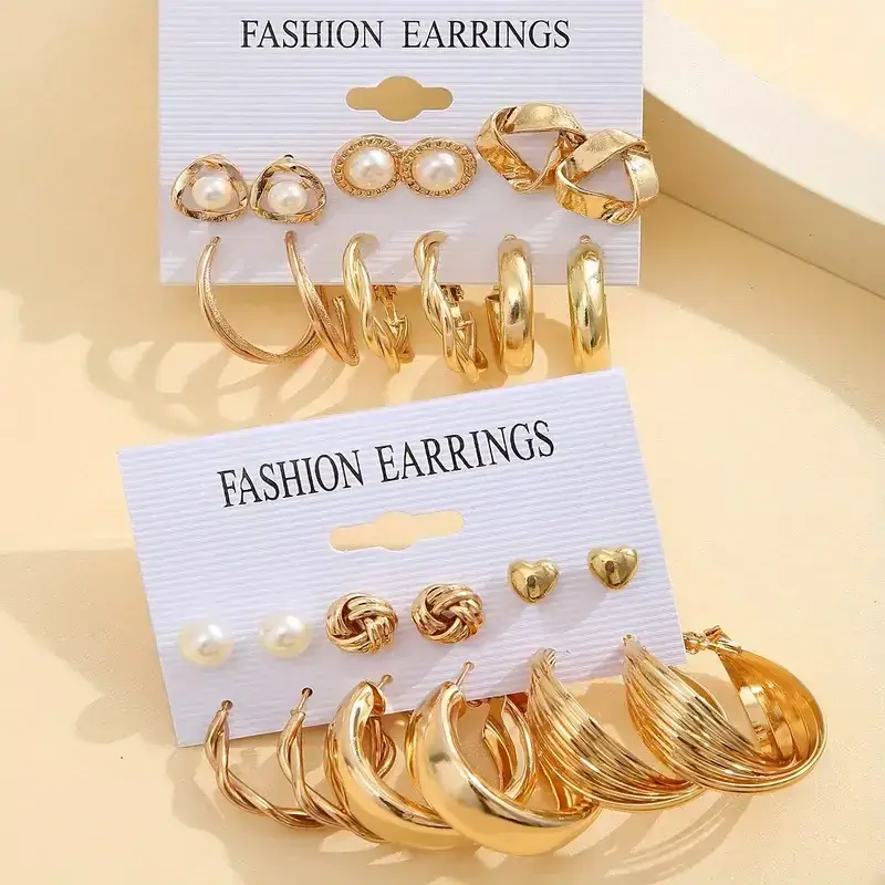Fashion Earrings Set 6 Pcs Retro Gold Geometric Pearl & Crystal - Image 20