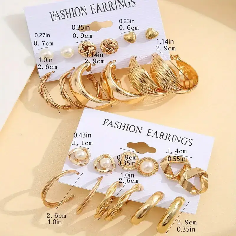 Fashion Earrings Set 6 Pcs Retro Gold Geometric Pearl & Crystal - Image 21