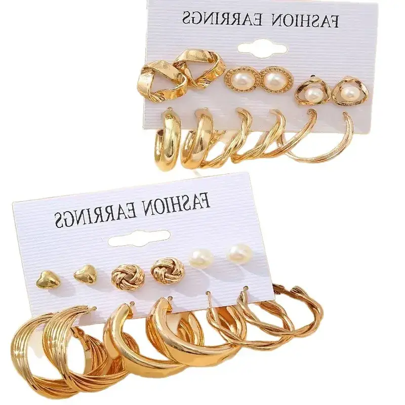 Fashion Earrings Set 6 Pcs Retro Gold Geometric Pearl & Crystal - Image 22