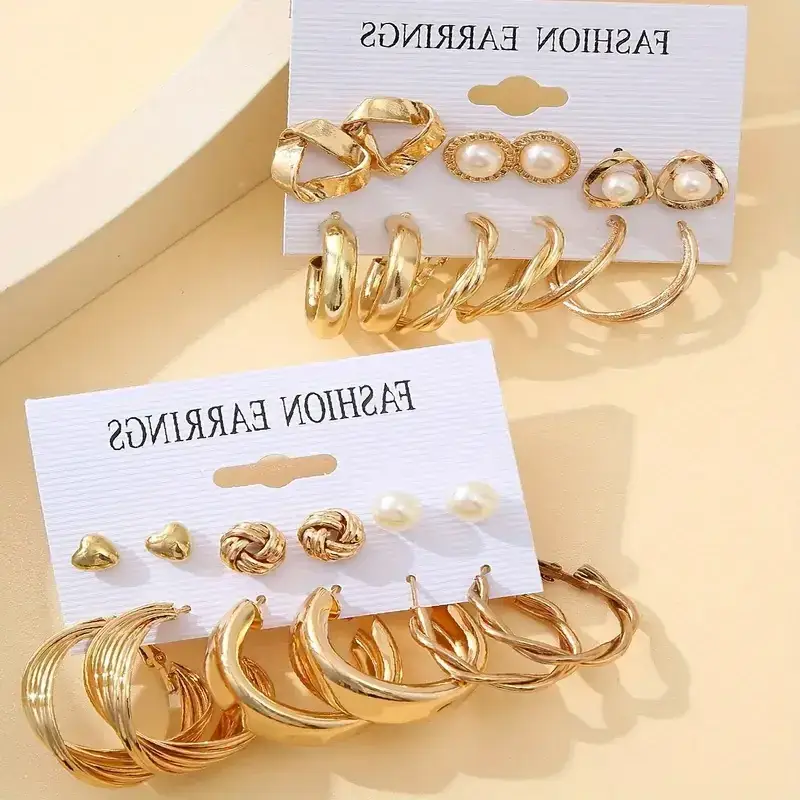 Fashion Earrings Set 6 Pcs Retro Gold Geometric Pearl & Crystal — feature 8